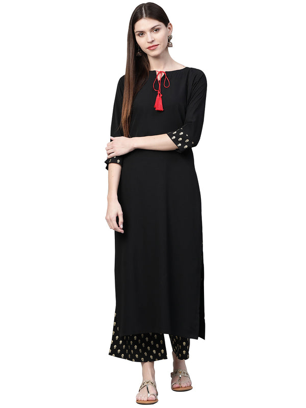 Women's Black Crepe Kurta And Palazzo Set - Ziyaa