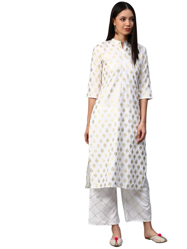 Women's White Crepe Kurta And Palazzo Set - Ziyaa