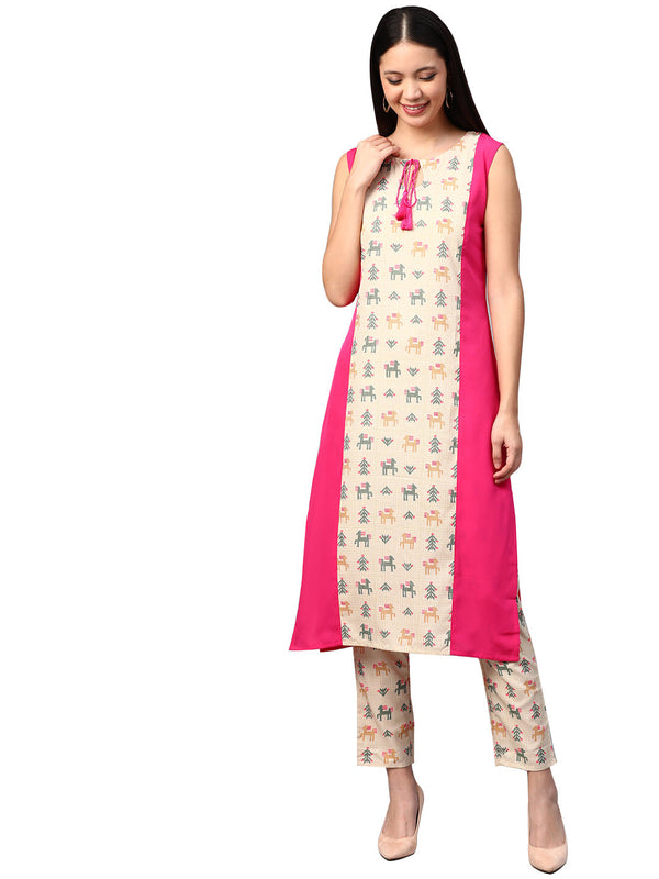 Women's Pink Crepe Kurta And Pant Set - Ziyaa