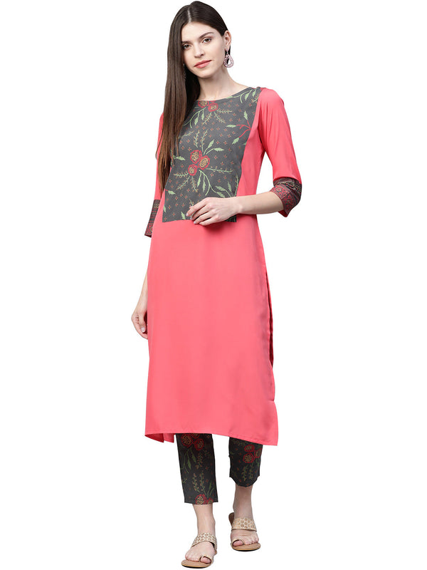 Women's Coral Crepe Kurta And Pant Set - Ziyaa