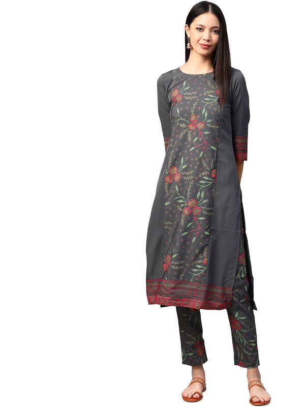 Women's Grey Crepe Kurta And Pant Set - Ziyaa