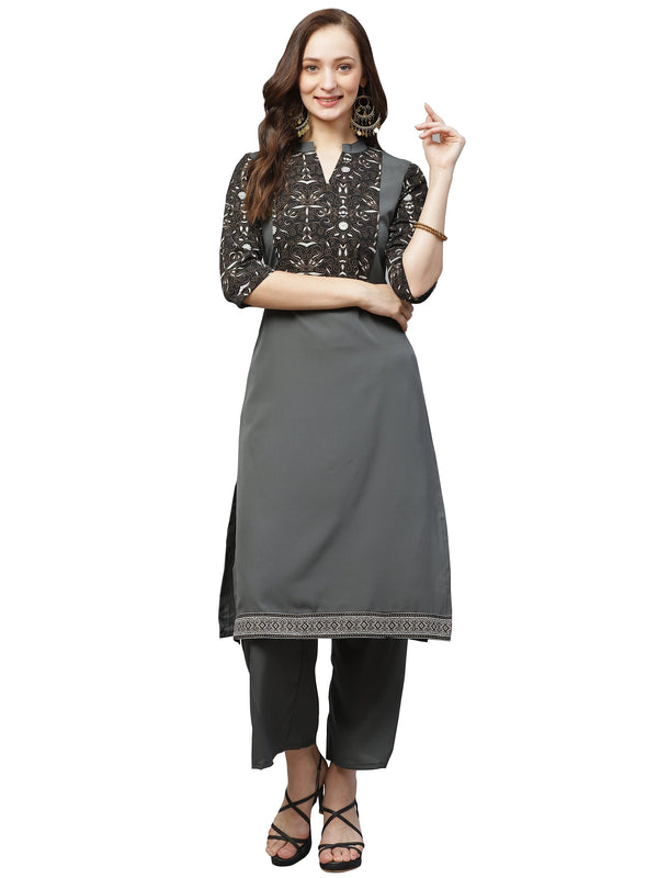 Women's Grey Crepe Kurta And Palazzo Set - Ziyaa