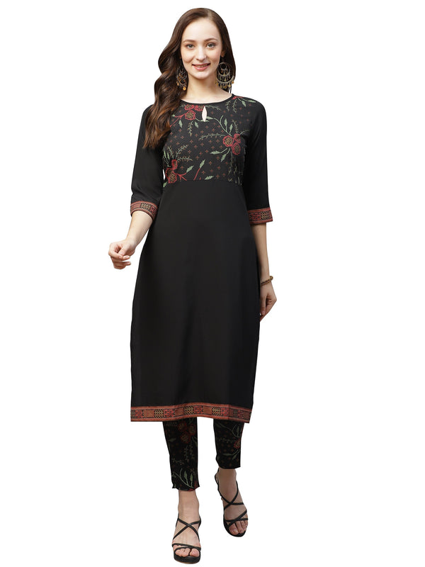 Women's Black Crepe Kurta And Pant Set - Ziyaa