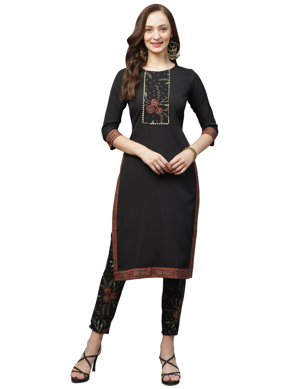 Women's Black Crepe Kurta And Pant Set - Ziyaa