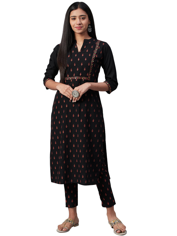 Women's Black Crepe Kurta And Pant Set - Ziyaa