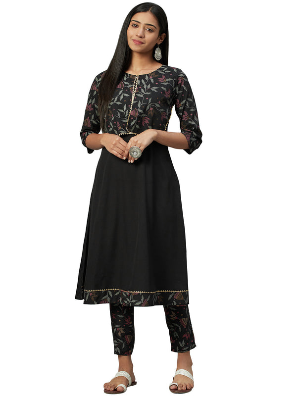 Women's Black Crepe Kurta And Pant Set - Ziyaa