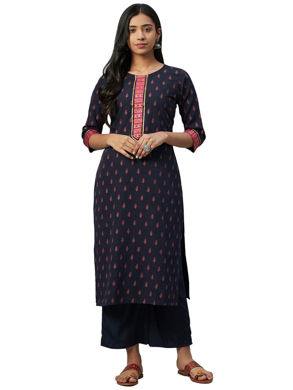 Women's Navy Blue Crepe Kurta And Palazzo Set - Ziyaa