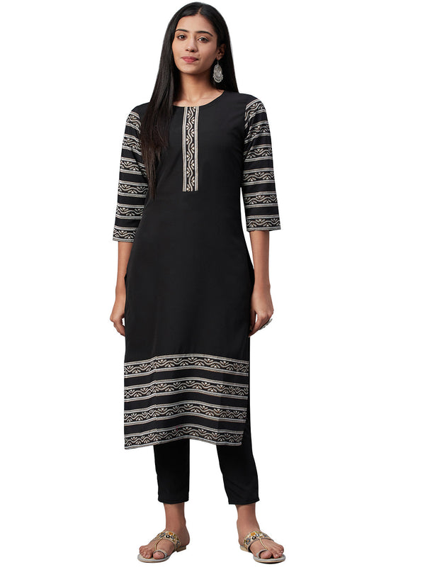 Women's Black Crepe Kurta And Pant Set - Ziyaa