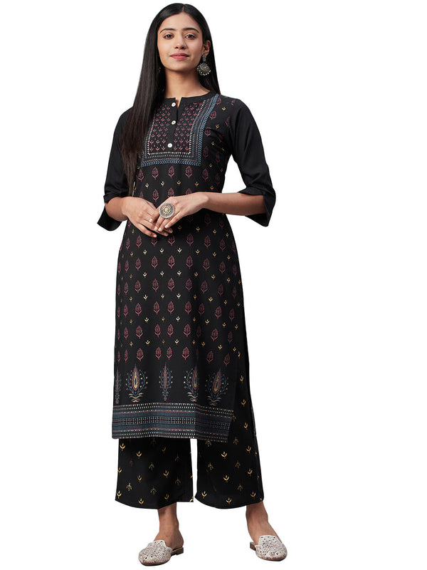 Women's Black Crepe Kurta And Palazzo Set - Ziyaa