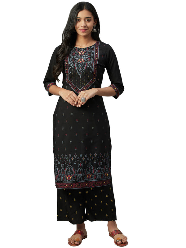 Women's Black Crepe Kurta And Palazzo Set - Ziyaa