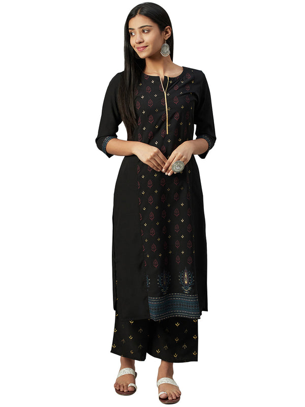 Women's Black Crepe Kurta And Palazzo Set - Ziyaa