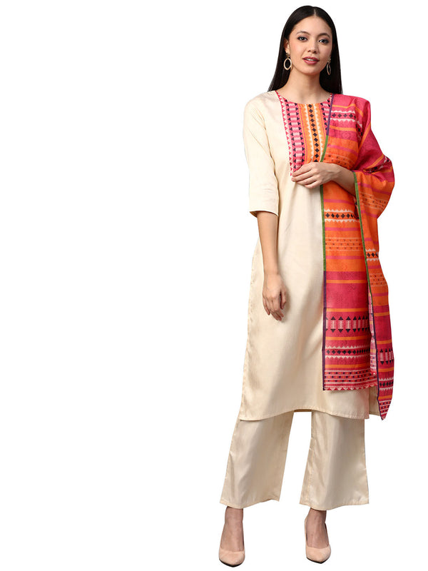 Women's Cream Poly Silk Kurta Palazzo And Dupatta Set - Ziyaa