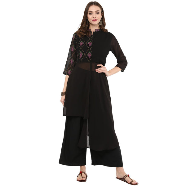 Women's Black Georgette Kurta And Palazzo Set - Ziyaa