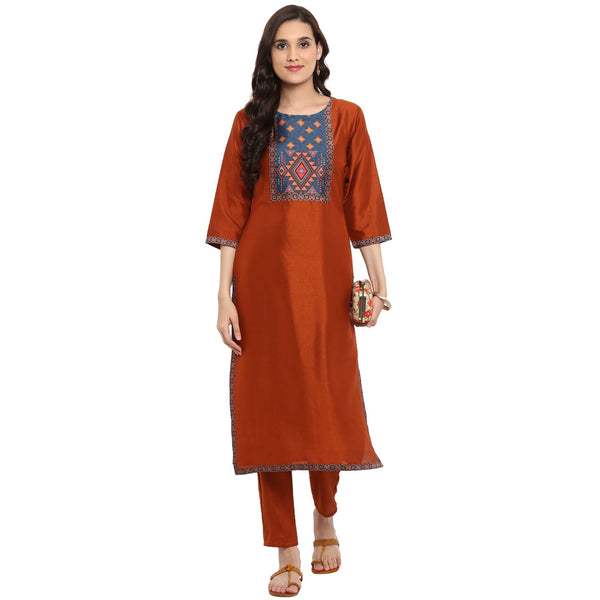 Women's Brown Poly Silk Kurta And Pant Set - Ziyaa