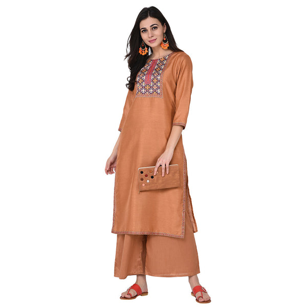 Women's Brown Poly Silk Kurta And Palazzo Set - Ziyaa