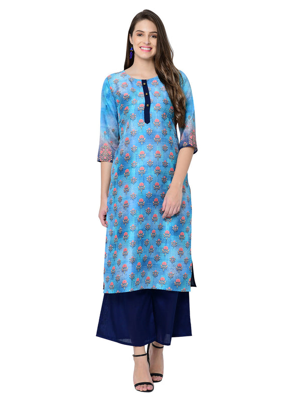 Women's Blue Poly Silk Kurta And Palazzo Set - Ziyaa