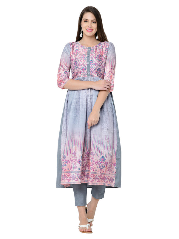 Women's Grey Poly Silk Kurta And Pant Set - Ziyaa