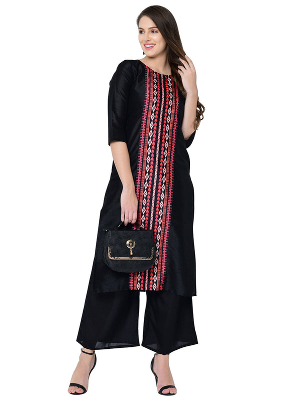 Women's Black Poly Silk Kurta And Palazzo Set - Ziyaa