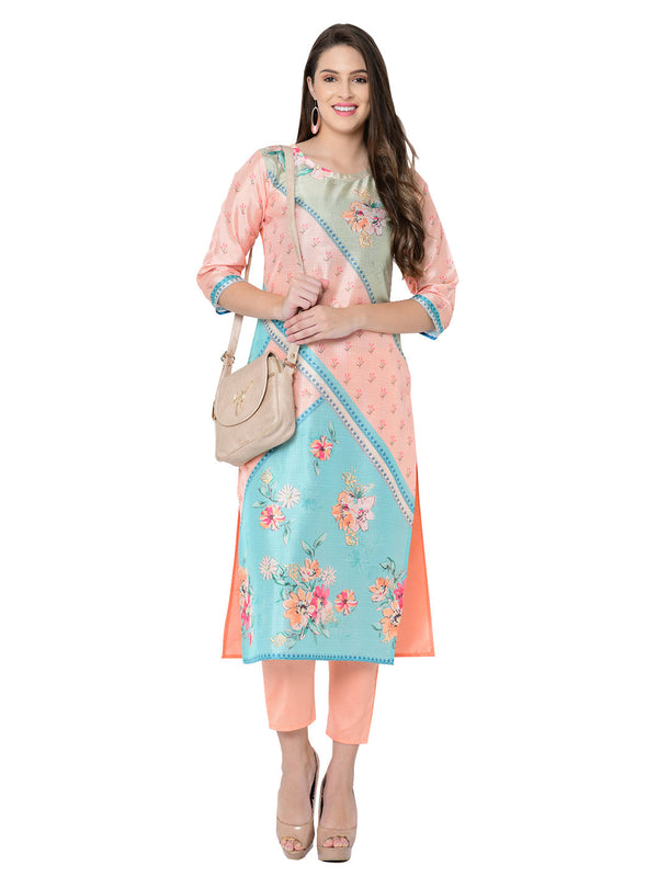 Women's Peach Poly Silk Kurta And Pant Set - Ziyaa