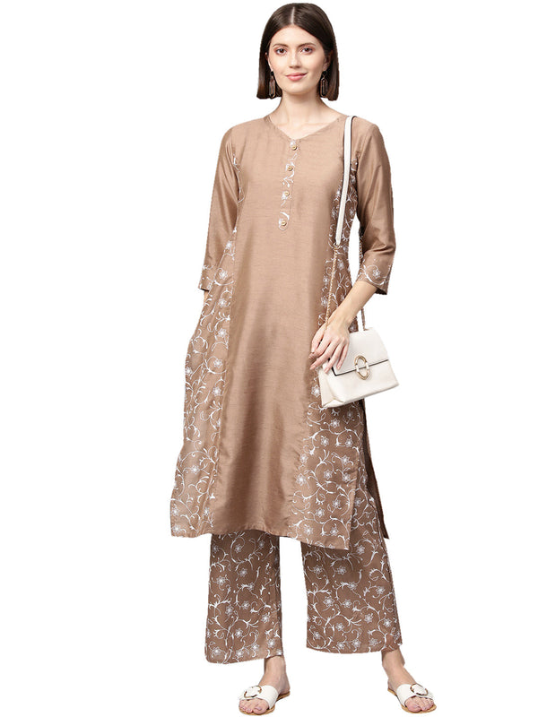 Women's Brown Poly Silk Kurta And Palazzo Set - Ziyaa