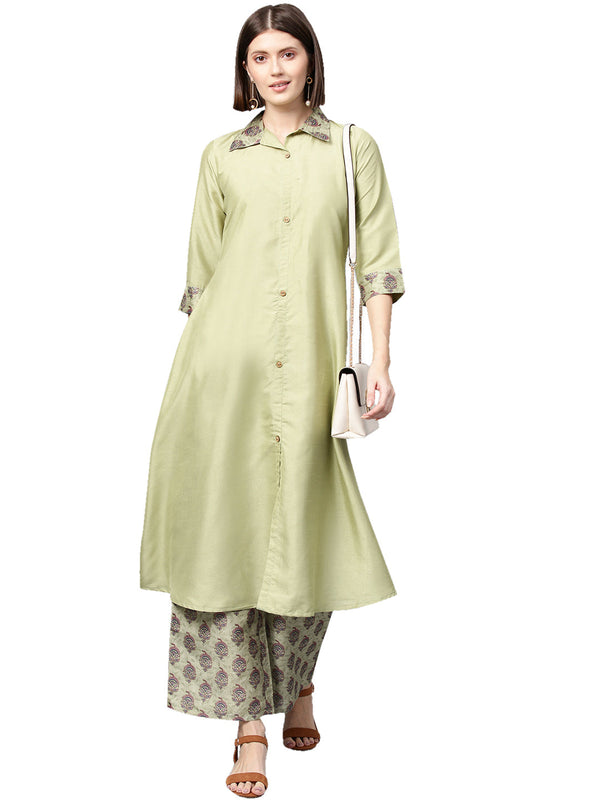 Women's Green Poly Silk Kurta And Palazzo Set - Ziyaa