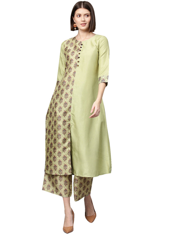 Women's Green Poly Silk Kurta And Palazzo Set - Ziyaa