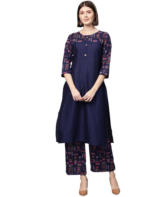 Women's Navy Blue Poly Silk Kurta And Palazzo Set - Ziyaa