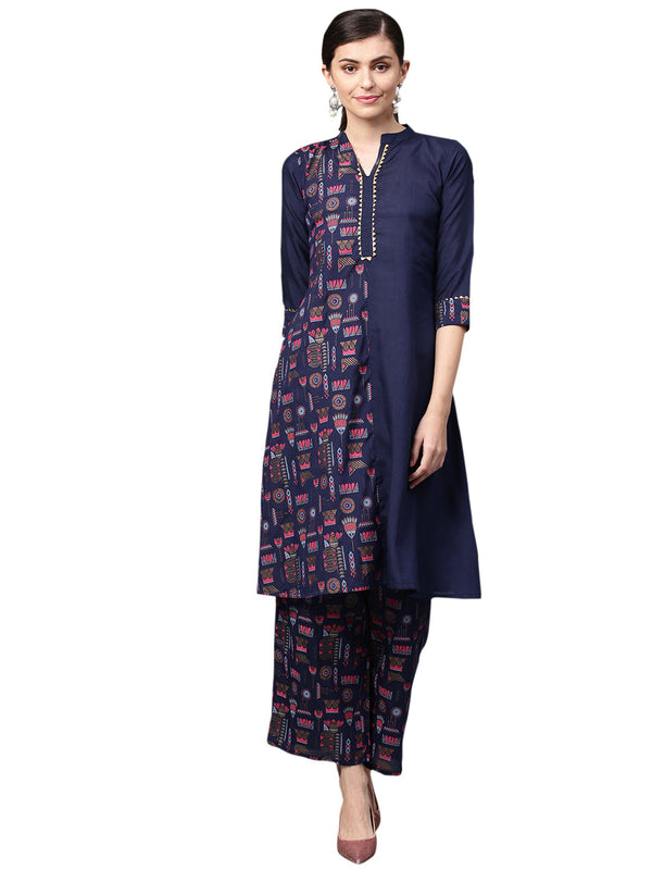 Women's Navy Blue Poly Silk Kurta And Palazzo Set - Ziyaa