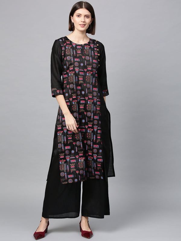 Women's Black Poly Silk Kurta And Palazzo Set - Ziyaa