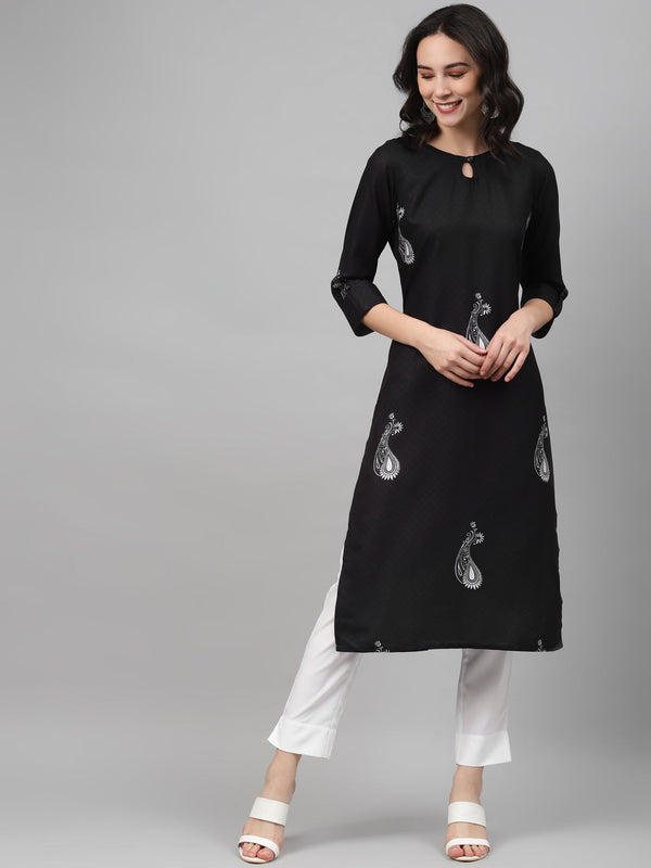 Women's Black Color Screen Print Straight Kurta And Pant Set - Ziyaa