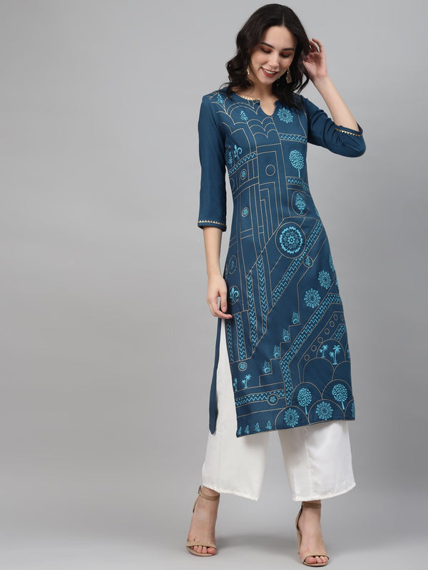 Women's Teal Color Foil Print Straight Kurta And Palazzo Set - Ziyaa