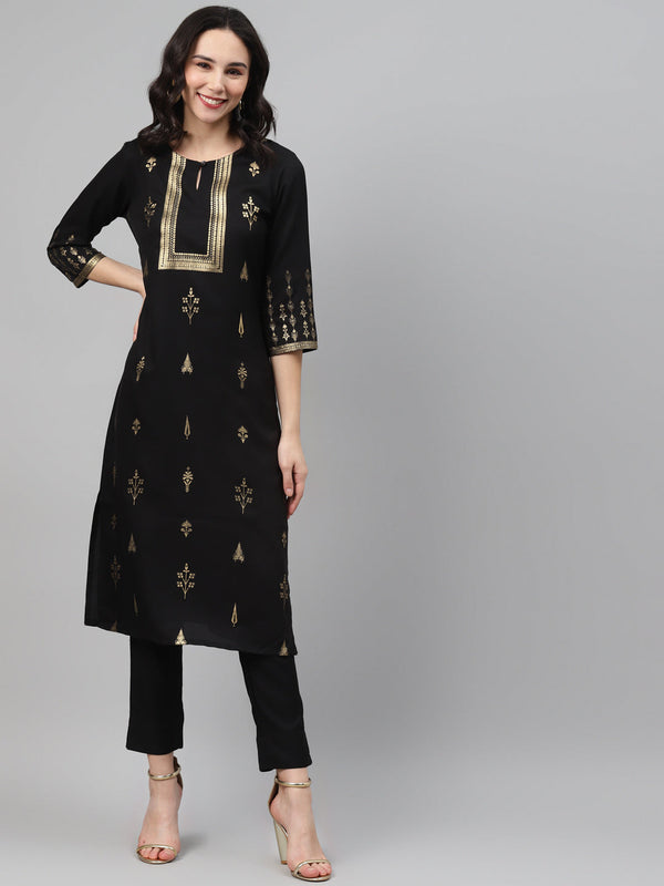 Women's Black Color Foil Print Straight Kurta And Pant Set - Ziyaa