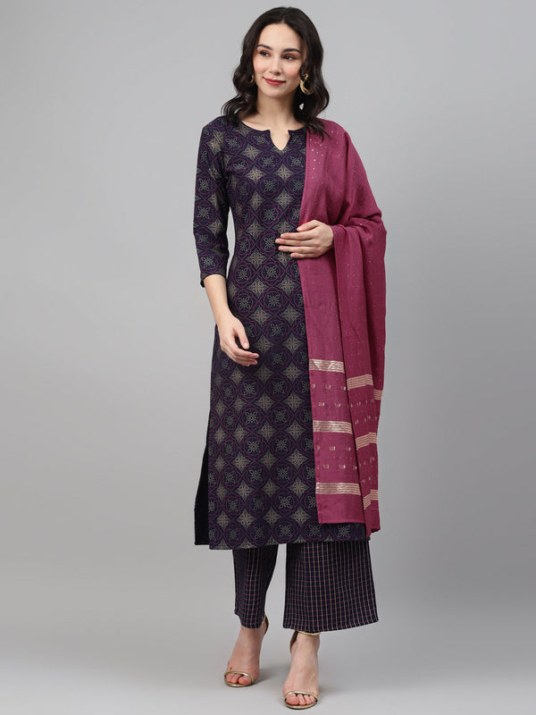 Women's Navy Blue Color Screen Print Straight Kurta,Palazzo And Dupatta Set - Ziyaa