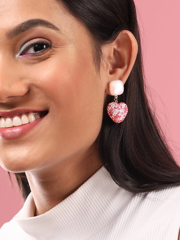 As Seen On Mansi Ugale - Rubans Voguish Pearl & Pink Crystal Pave Studded Heart Motif Dangle Earring