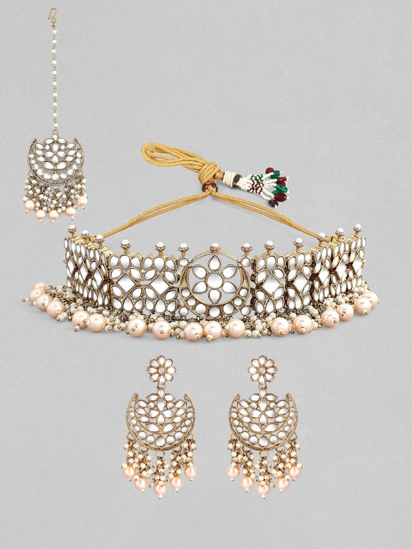 As Seen On - Rubans Gold Plated Handcrafted White Pearls With Mirror Choker Set.