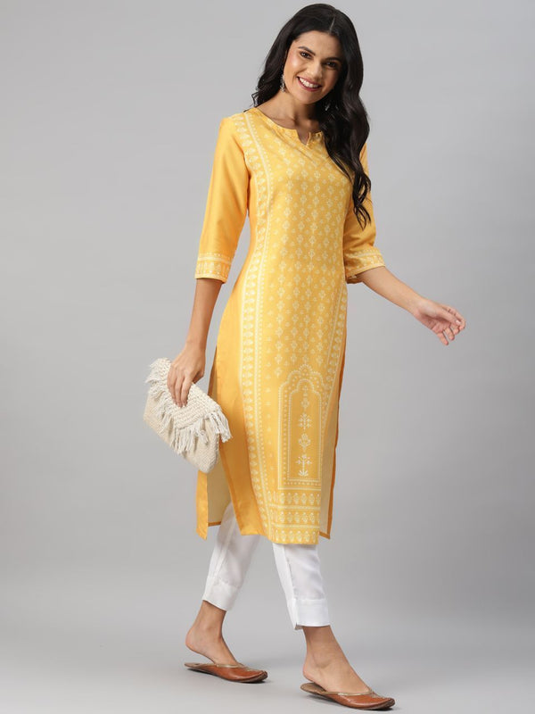 Women's Yellow Color Screen Print Straight Kurta And Pant Set - Ziyaa