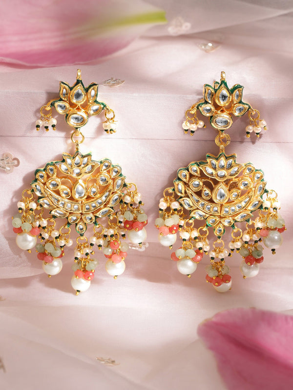 Rubans 22K Gold plated Kundan crystal with baroque pearls and pastel beaded statement Regal Chandbali Earrings