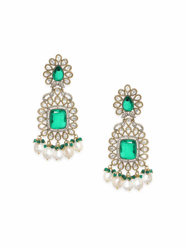 Rubans Exquisite Gold-Plated Kundan and Emerald Dangle Earrings