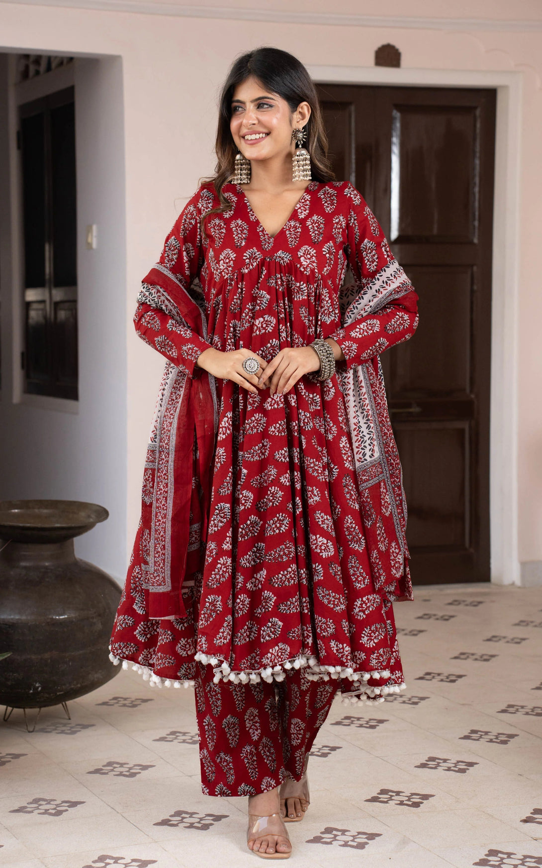 Women's Maroon Printed Viscose Rayon Kurta, Pant And Dupatta Set - Alvami