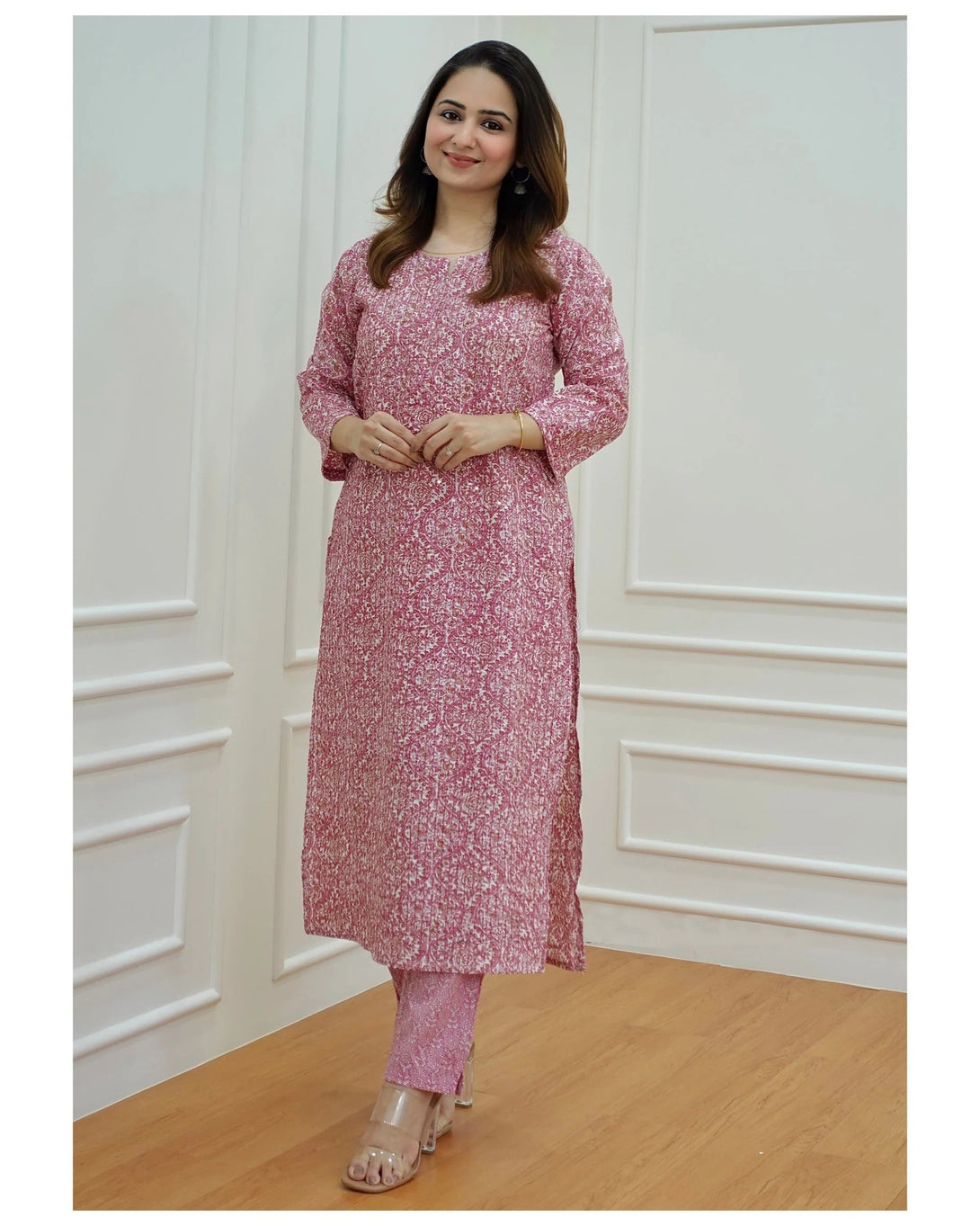 Women's Pink Printed Viscose Rayon Kurta And Pant Set - Alvami