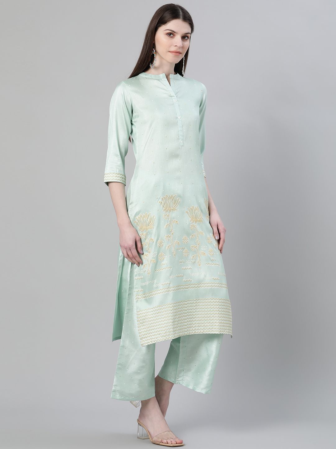 Women's Blue Color Foil Print Straight Kurta And Palazzo Set - Ziyaa