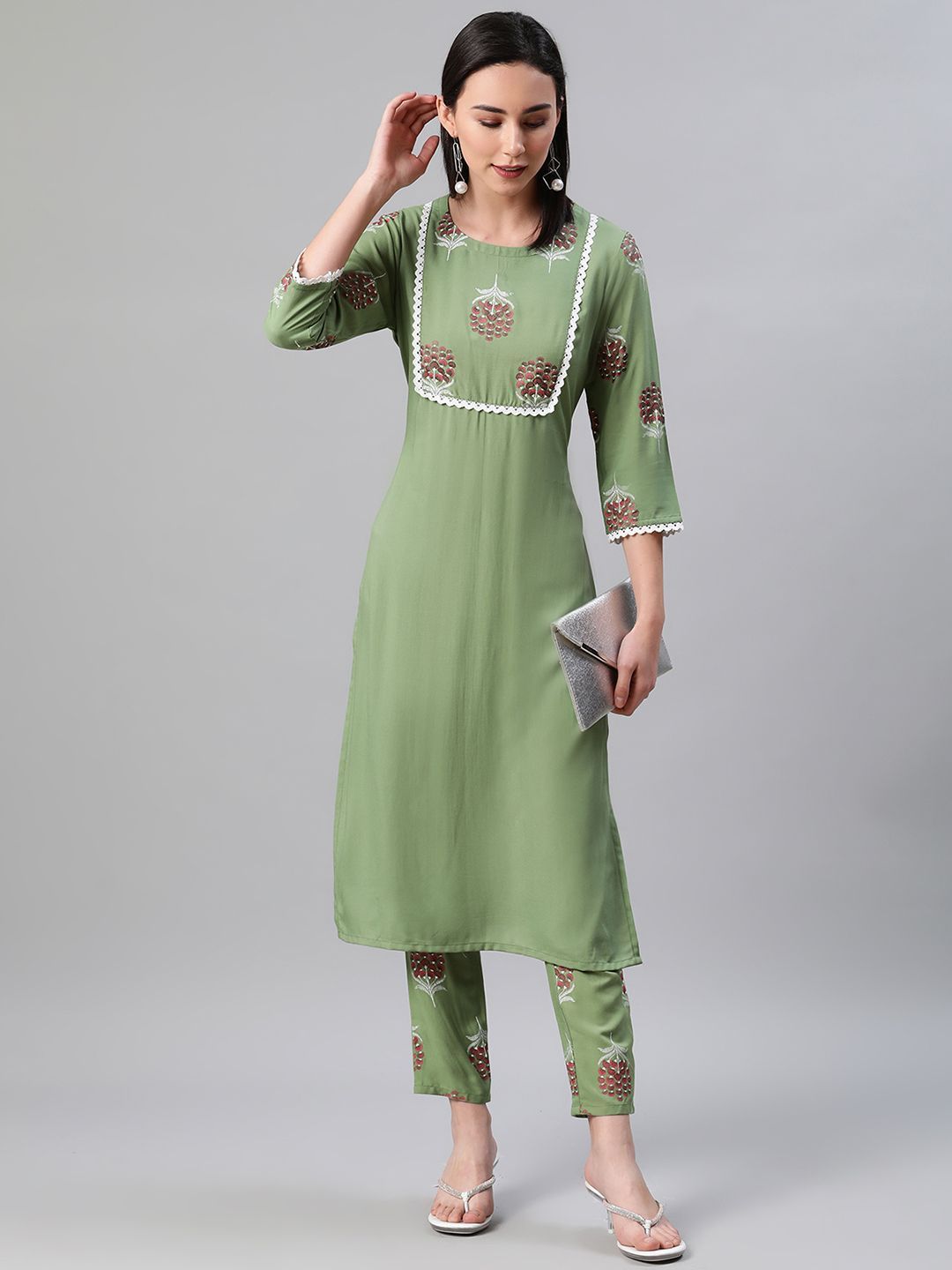 Women's Green Color Khari Print Straight Kurta And Pant Set - Ziyaa