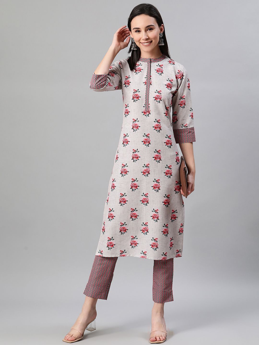 Women's Grey Color Screen Print Straight Kurta And Pant Set - Ziyaa