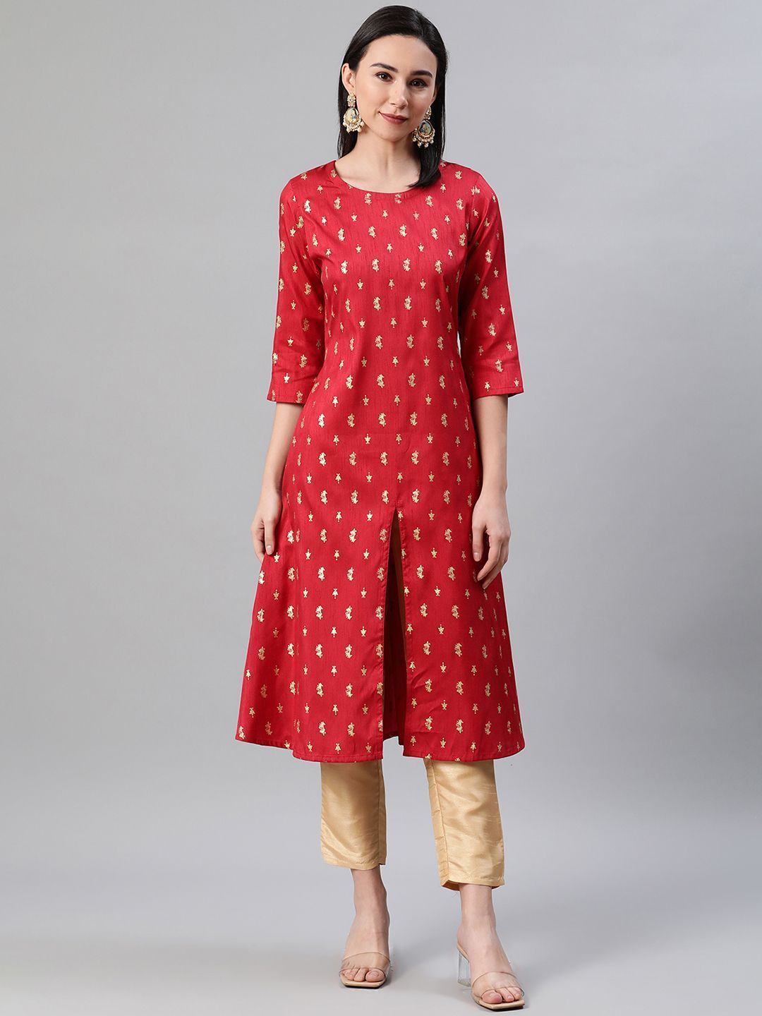 Women's Red Color Foil Print Flared Kurta And Pant Set - Ziyaa