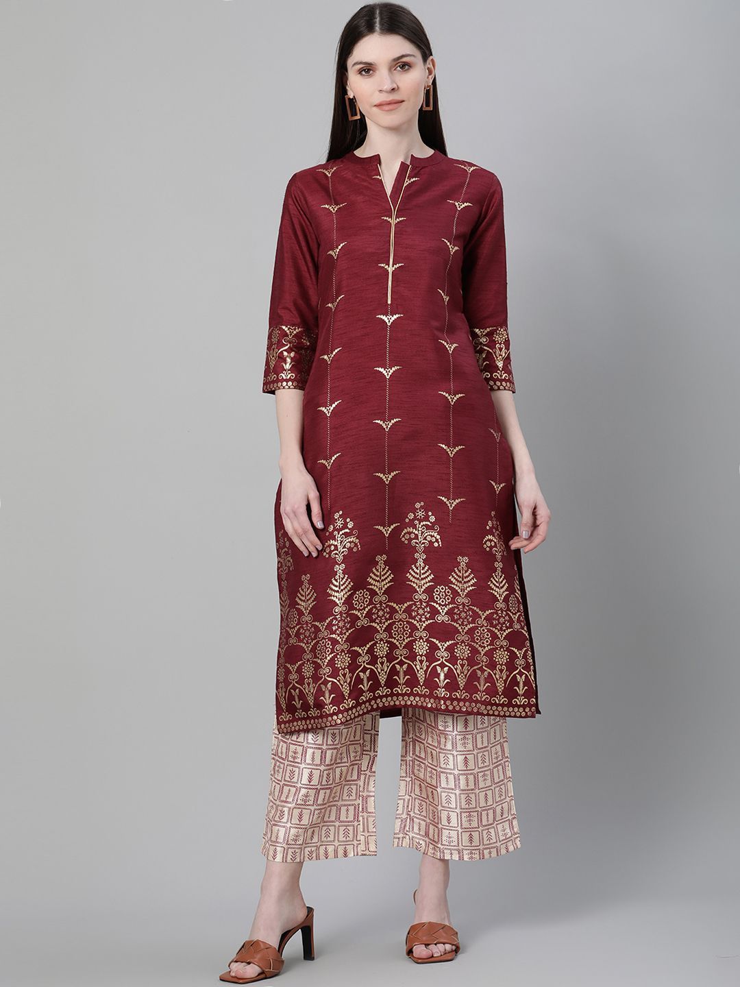 Women's Maroon Color Foil Print Straight Kurta And Palazzo Set - Ziyaa