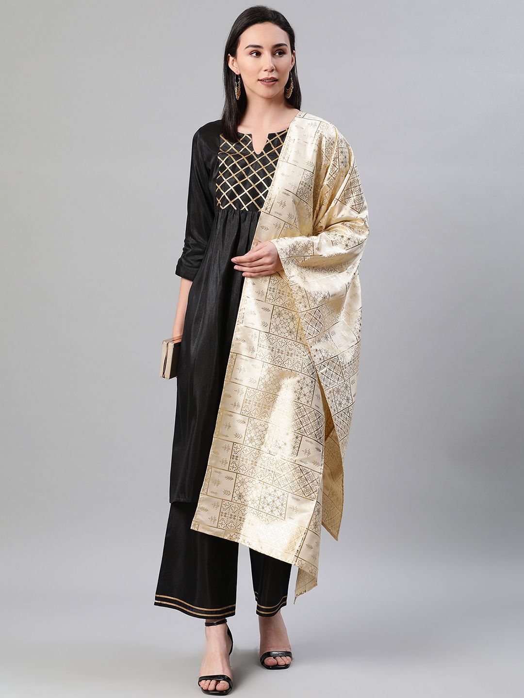 Women's Black Color Dyed Straight Kurta,Palazzo And Dupatta Set - Ziyaa