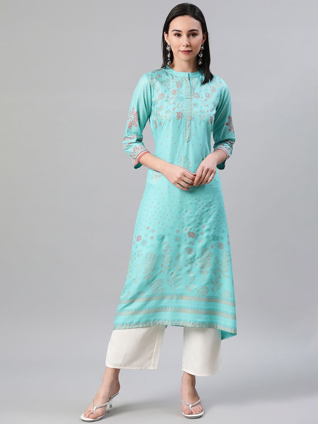 Women's Blue Color Foil Print Flared Kurta And Palazzo Set - Ziyaa