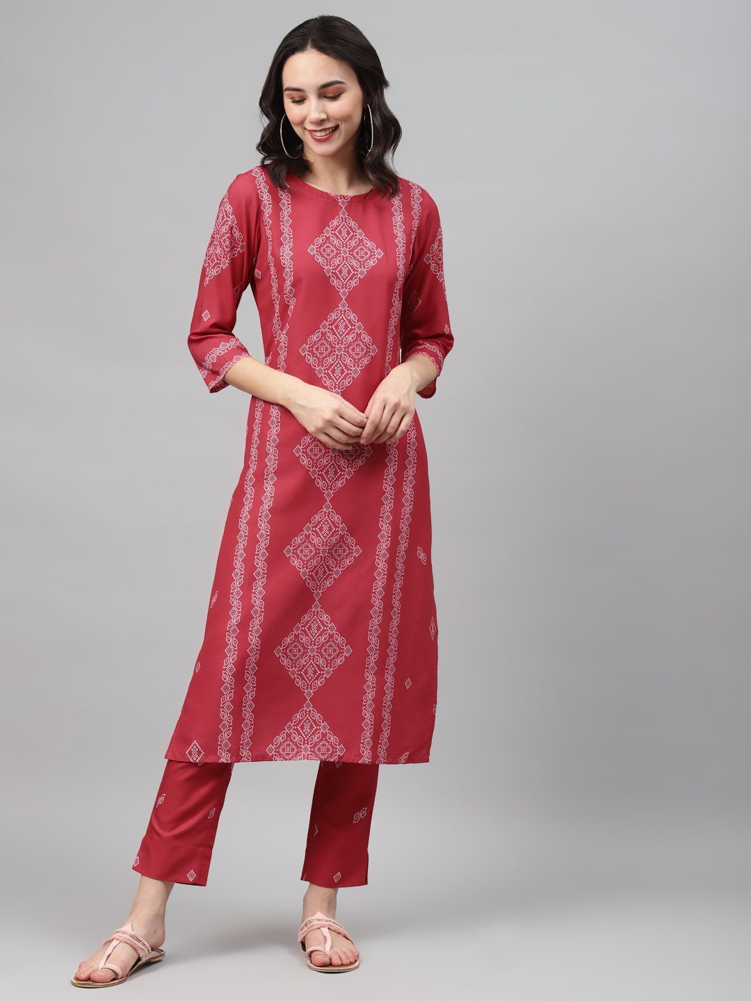 Women's Red Color Screen Print Straight Kurta And Pant Set - Ziyaa