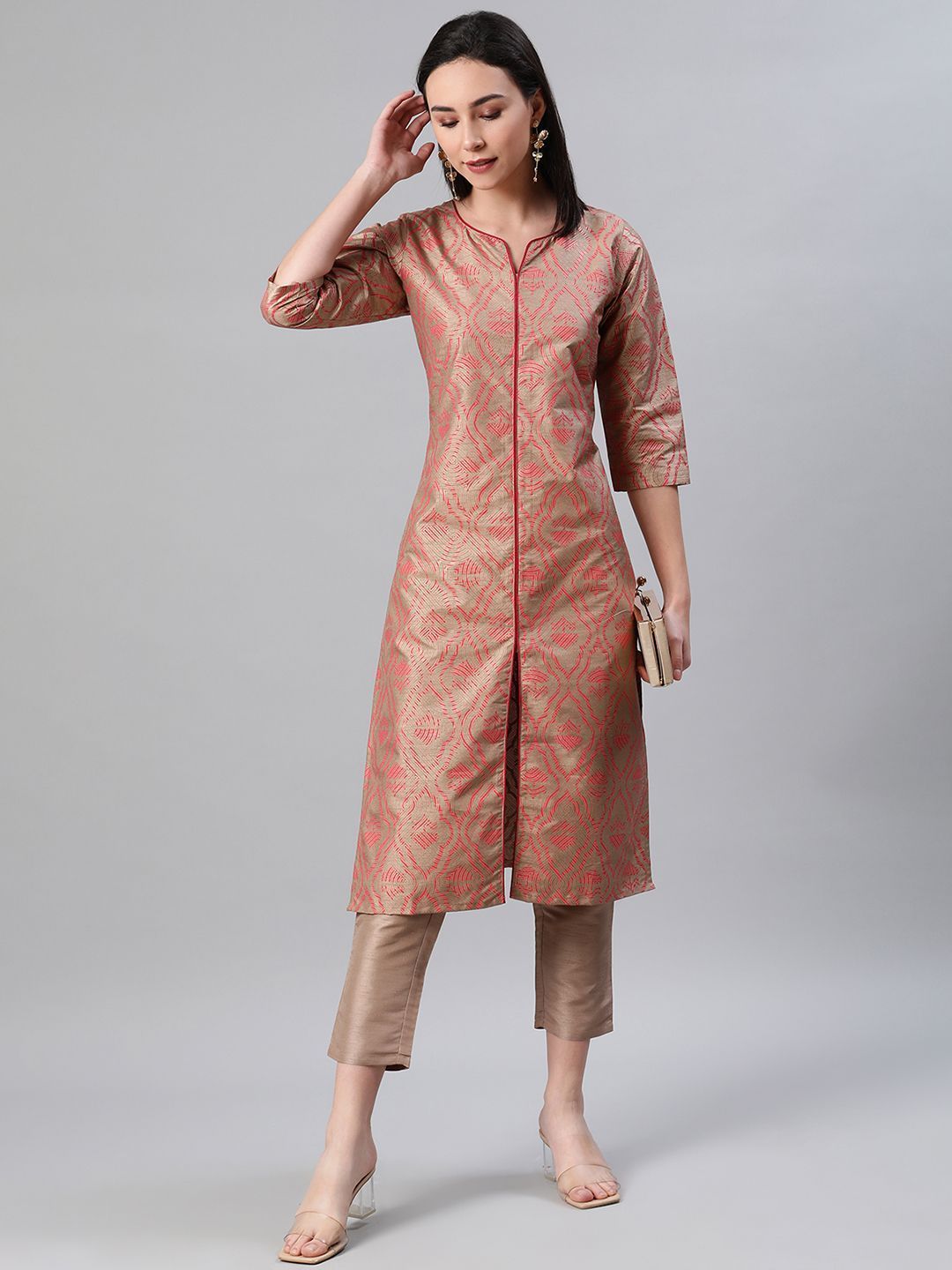 Women Beige Silk Kurta & Pant Set by Ziyaa (2 Pc Set)