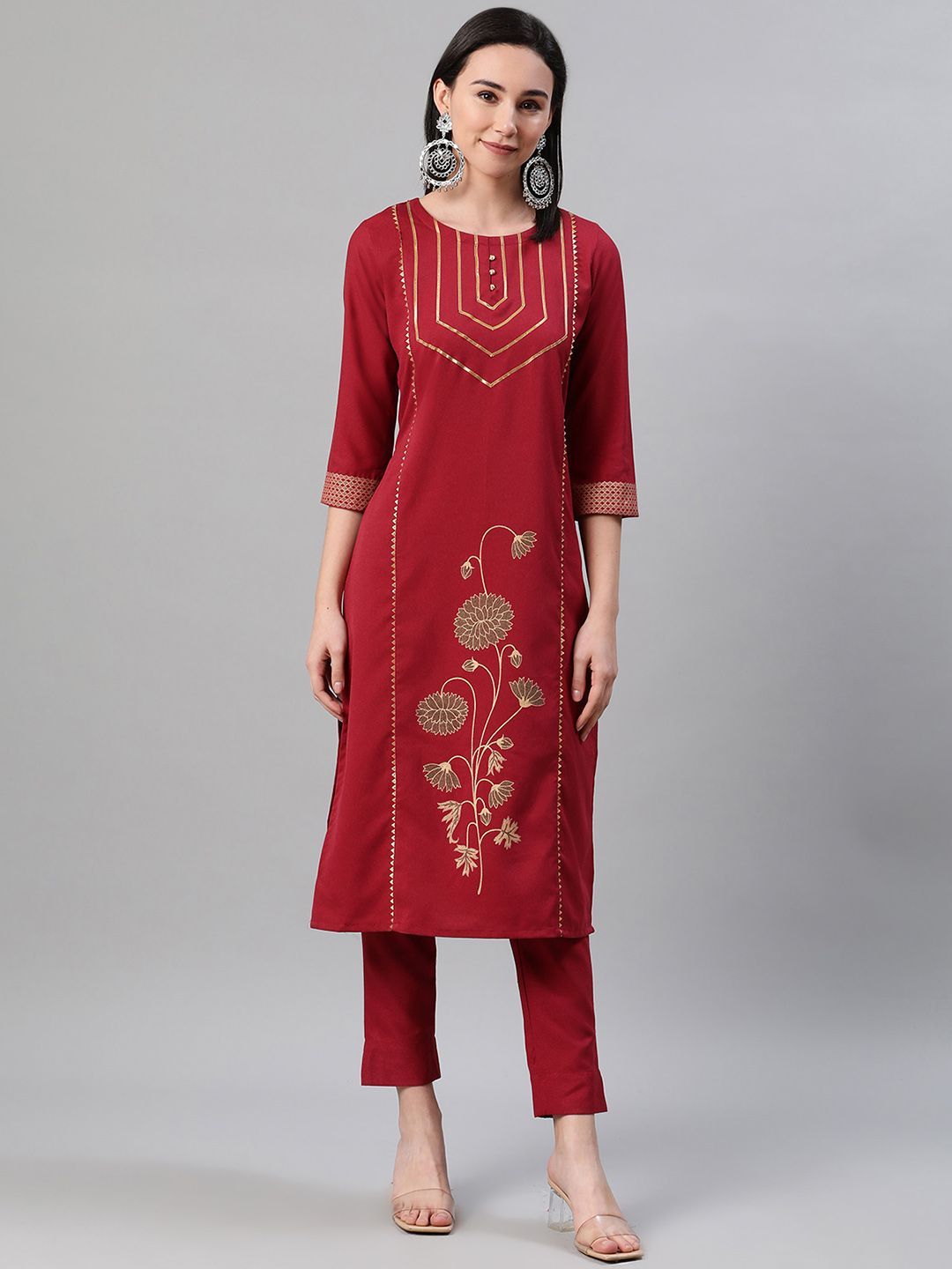 Women's Maroon Color Foil Print Straight Kurta And Pant Set - Ziyaa